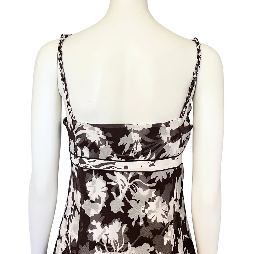 Vintage Y2K 100% Silk Ann Taylor Brown White Floral Midi Dress S/M Size 8 V Neck - Picture 12 of 14